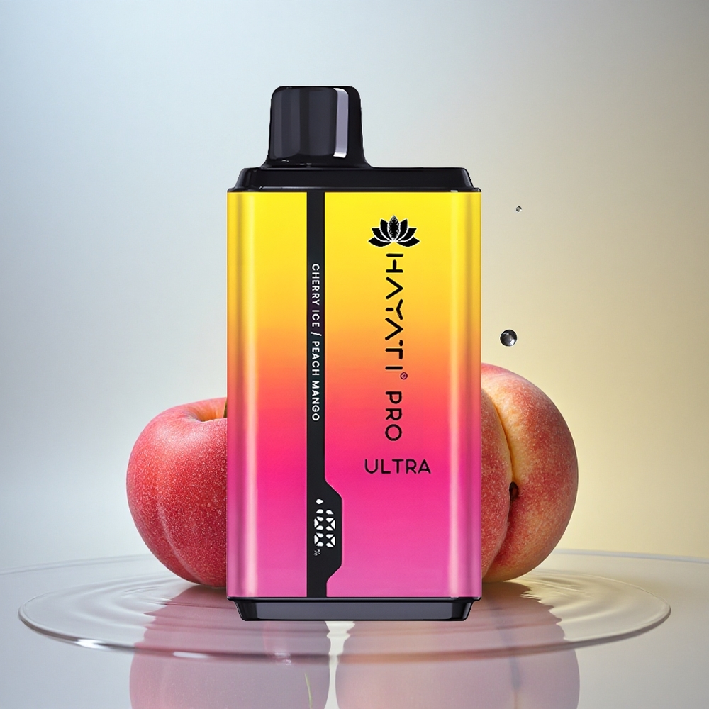 Hayati Pro Ultra 15000 Puffs Češnjevo Ledeno Breskva Mango z 2% nikotina in 850mAh baterijo